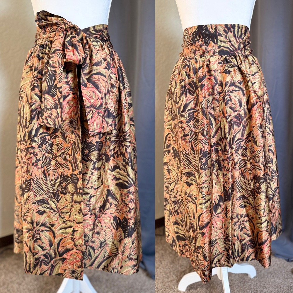 Handmade Tropical Wrap Midi Skirt Womens S Bronze Olive Palm Leaf Pockets